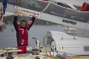 Anddrea Mura winning the 2013 OSTAR from Plymouth, England to Newport RI USA.